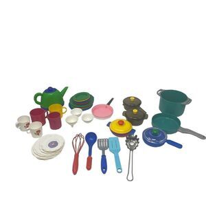 Lot Of 35 Mixed Lot Pretend Plastic Play Kitchen Cooking Utensils Dishes Set
